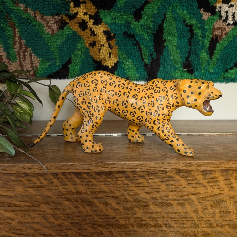 Vintage 70s Leather Leopard Figurine Hand Painted Safari Animal Decor Statement